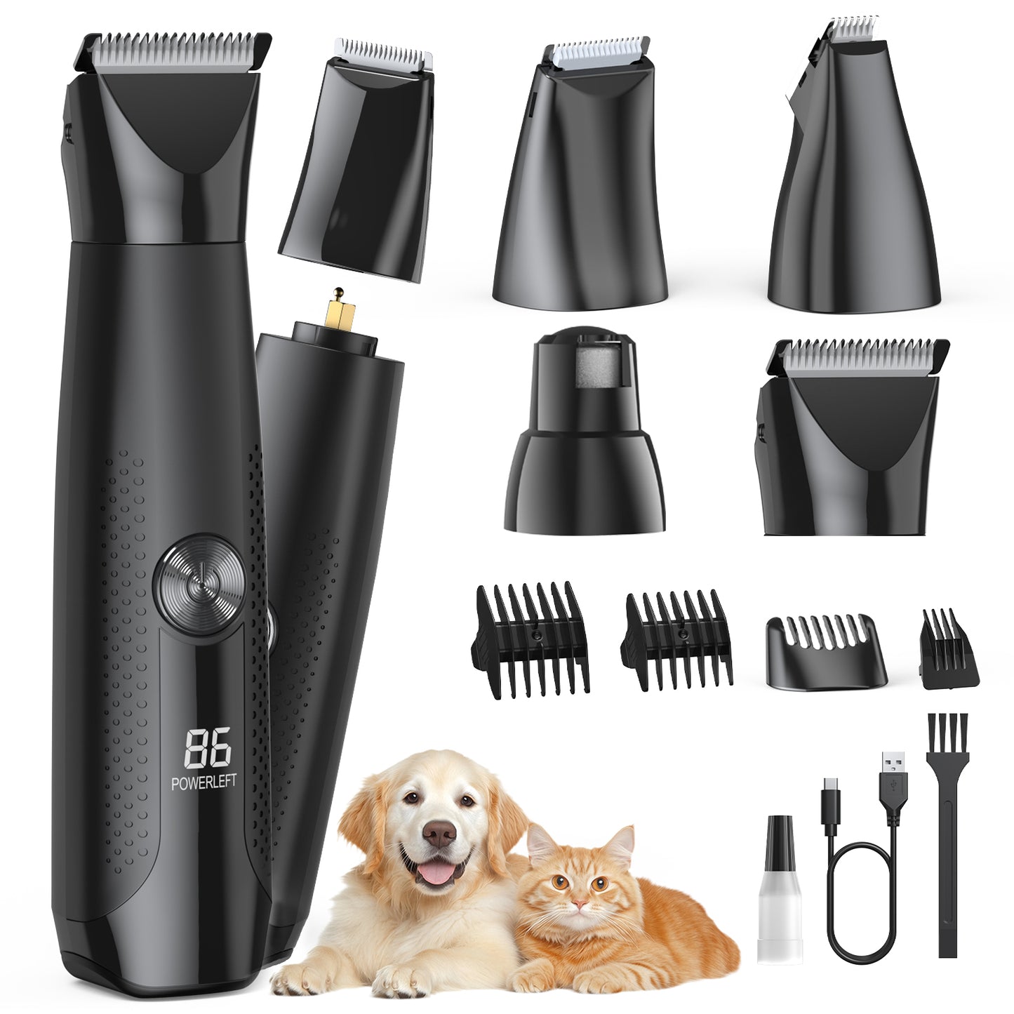 Dog Clippers with LED Display, 4 in 1 Dog Grooming Kit, Low Noise Cordless Dog Nail Grinder, Rechargeable Pet Clippers for Dogs Cats Trimming Hair Around Paws Eyes Ears Face Rump
