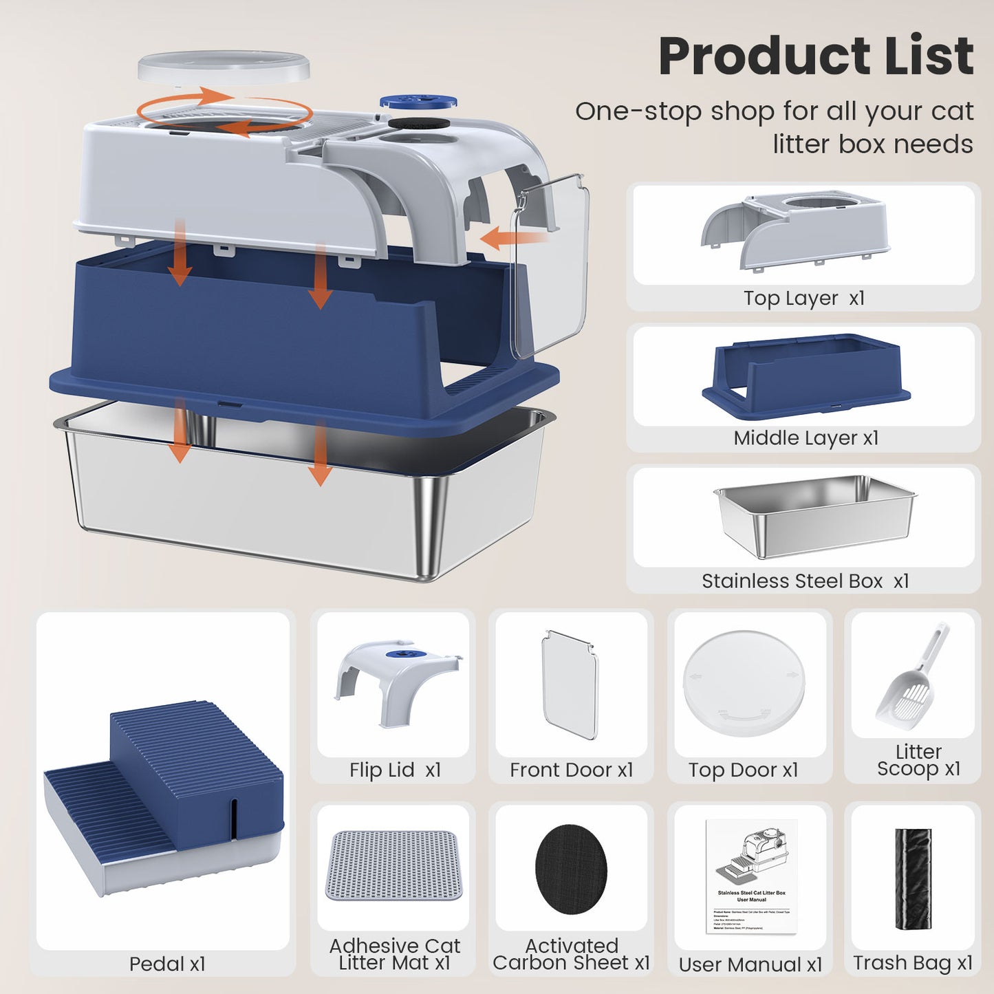 Stainless Steel Cat Litter Box with Lid, Extra Large Enclosed Litter Box for Cats, Front and Top Entry Design