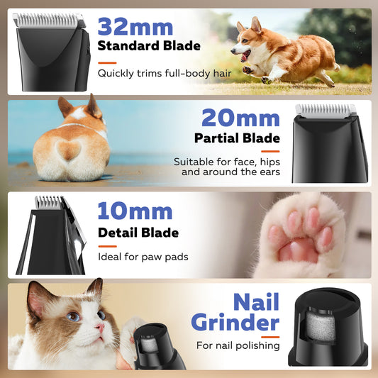 Dog Clippers with LED Display, Cordless 4-in-1 Pet Grooming Tool for Dogs Cats, Low-Noise Hair Trimmer with Nail Grinder Attachment, Rechargeable