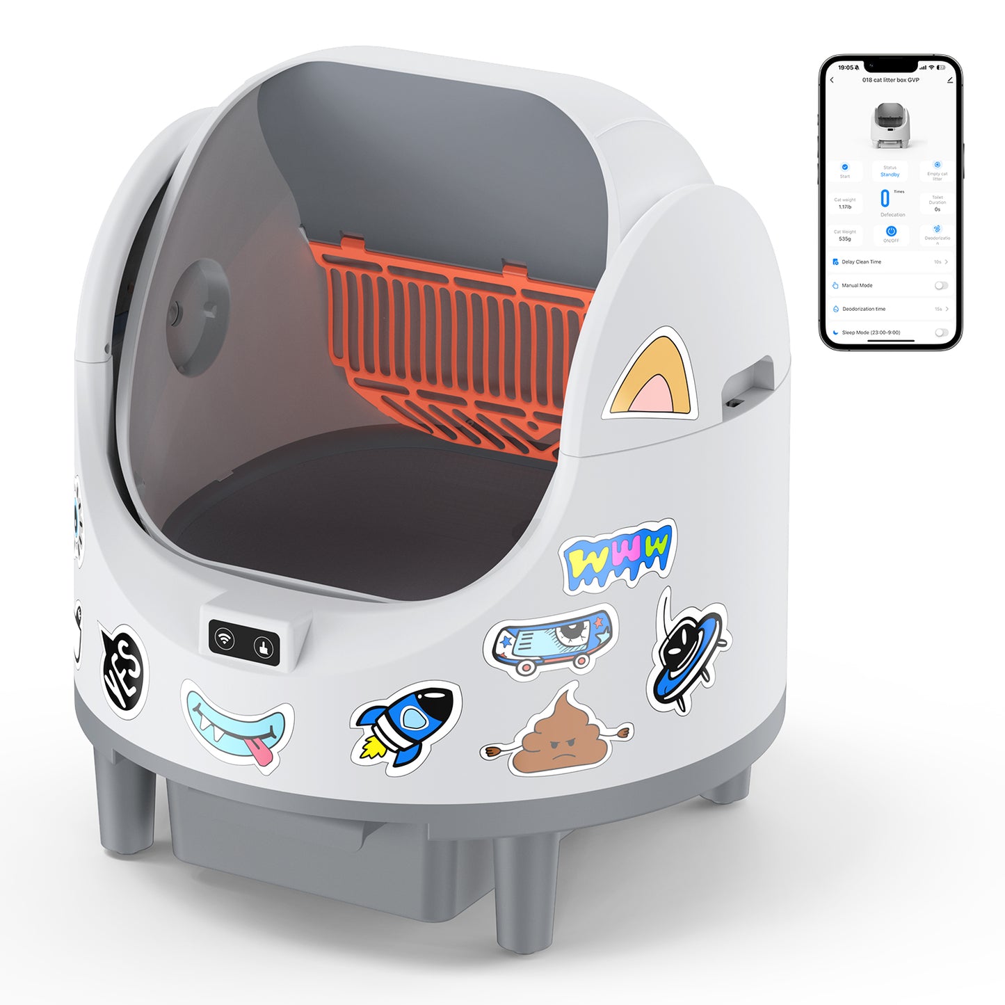 Automatic Cat Litter Box, 68L Open-Top Litter Box for Multi Cats, APP Control, Weight Monitoring, Safety Sensor, with 8L Waste Bin, Includes Trash Bag