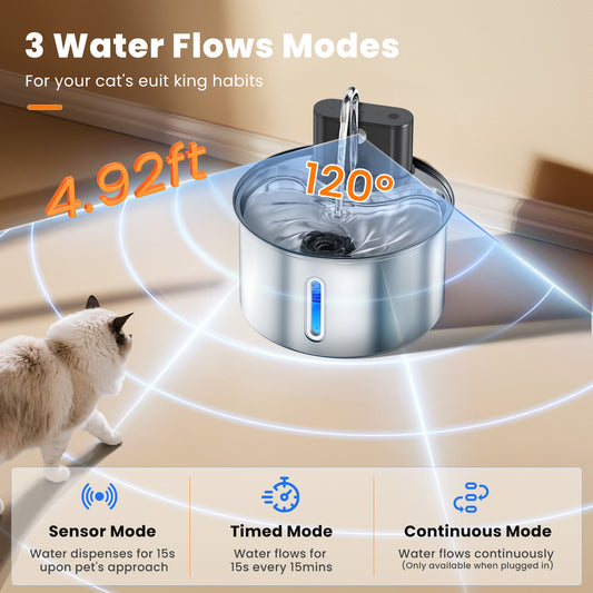 3.5L/118oz Cat Water Fountain Stainless Steel, Wireless Cat Water Fountain with 3 Modes, Battery Operated, Automatic Pet Water Dispenser for Dogs