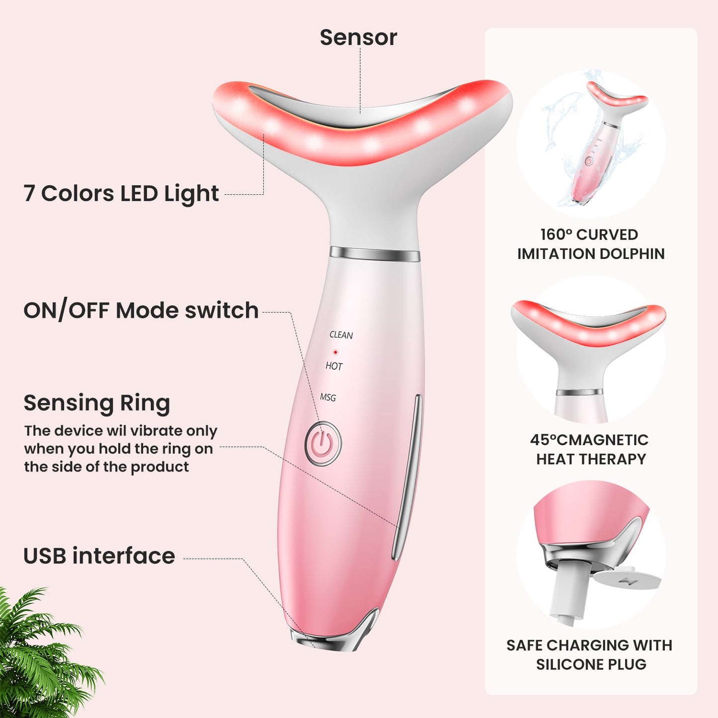 7 Color Face Neck Massager with Vibration & Heat, Portable Skin Care Massage Tool for Home Use, Gradient Pink