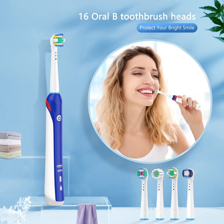 16 Pack Electric Toothbrush Replacement Heads Compatible with Oral B Braun Electric Toothbrush, with 2 rose gold tongue scrapers,4 Types Brush Heads