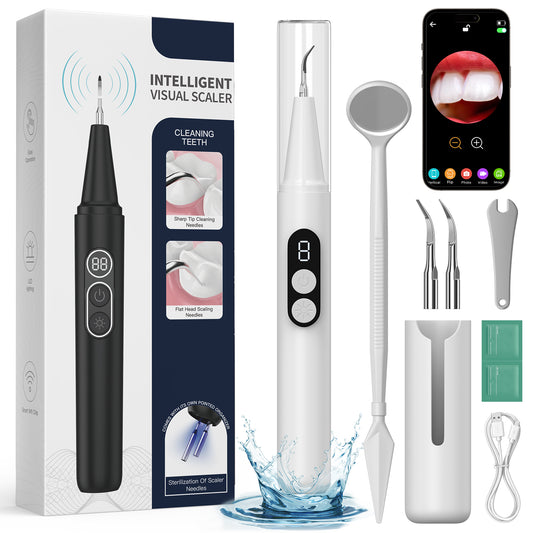 Dlopede Plaque Remover for Teeth with Camera, Ultrasonic Tooth Cleaner with 5 Modes,Blu-Ray Storage Compartment, Wall Mounted Base, Dental Mirror & 2 Cleaning Heads Electric Teeth Cleaning Kit