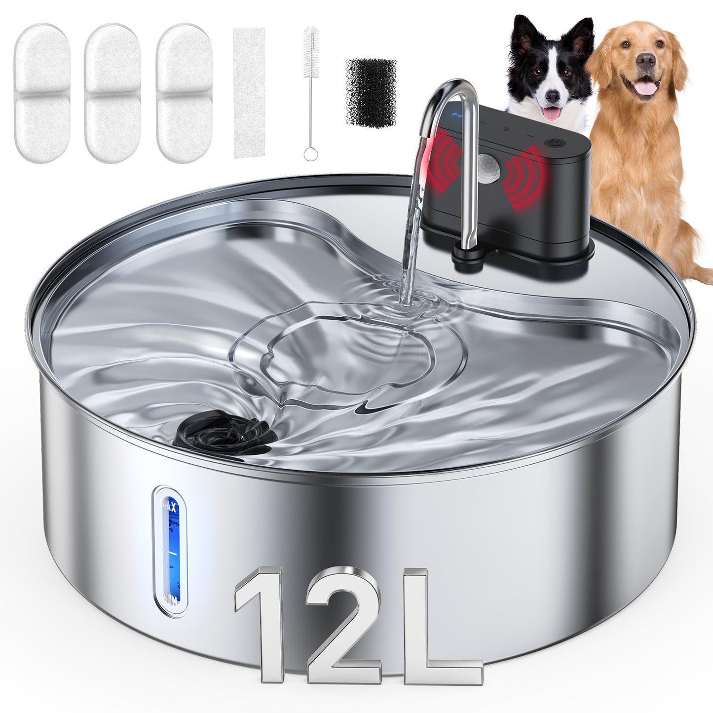 12L/406oz Dog Water Fountain Stainless Steel, Wireless Dog Water Fountain with 3 Modes, 5-Layer Filter, Battery Operated, Automatic Pet Water Bowl Dispenser for Cats Dogs