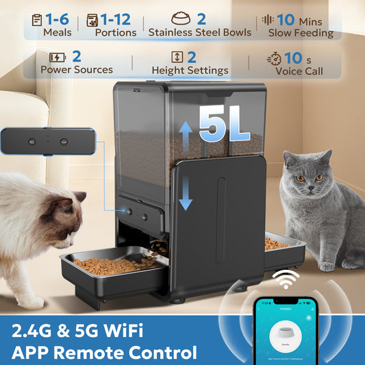Automatic Cat Feeder with 5G Wi-Fi APP Control, 5L/20 Cup Timed Food Dispenser, Adjustable Height, Voice Call, 2 Pet Bowls for 2 Cats and Dogs