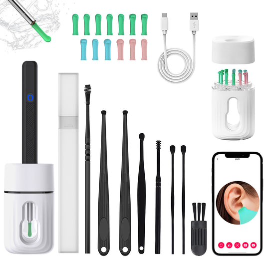 Ear Wax Removal with 1080P Camera, Earwax Removal Kit with 8 Ear Canal Tools, 13 Soft Ear Pick in Different Colours & Storable Ear Pick Base, Visual Ear Cleaning Kit for iOS & Android (Black)