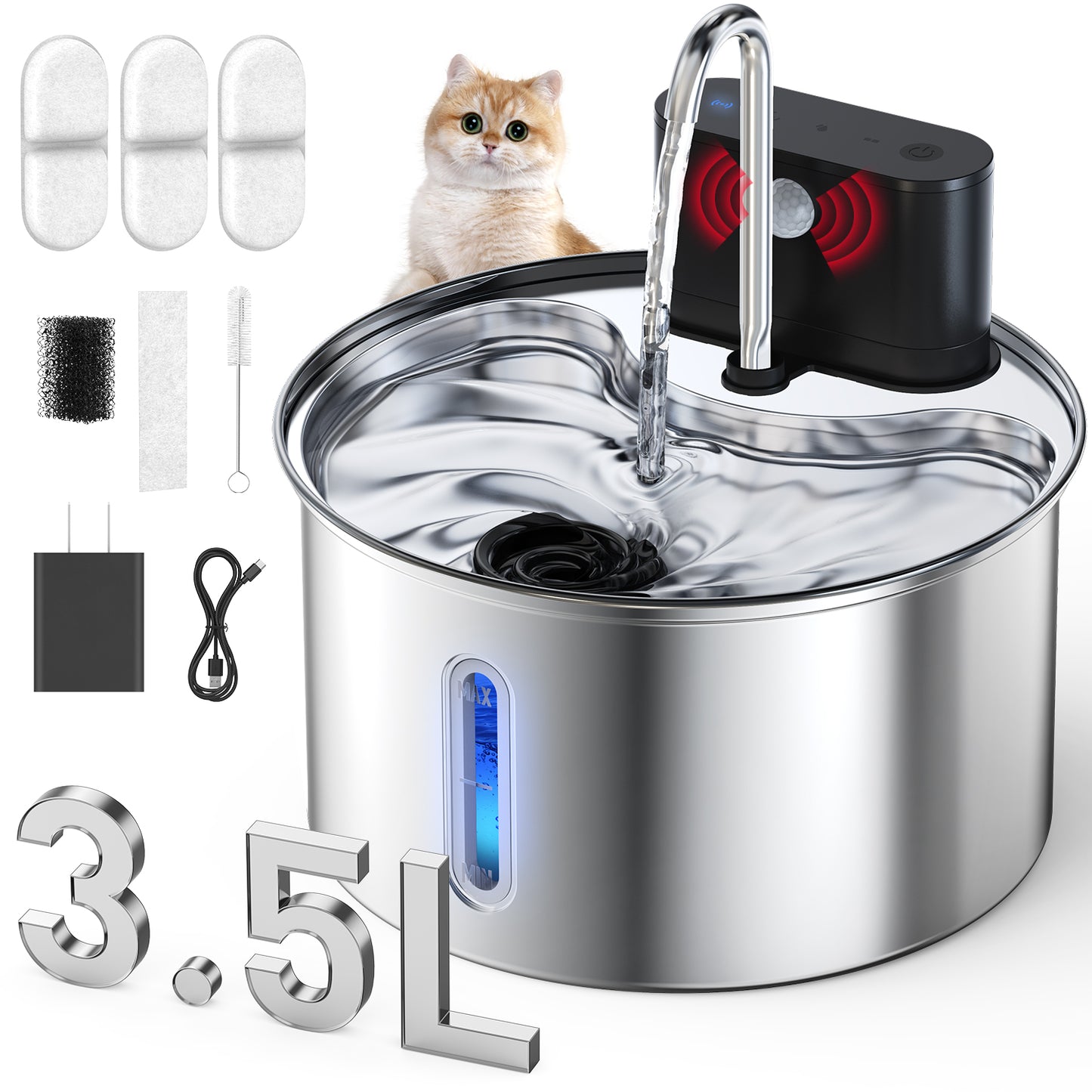 3.5L/118oz Cat Water Fountain Stainless Steel, Wireless Cat Water Fountain with 3 Modes, 5-Layer Filter, Battery Operated, Automatic Pet Water Dispenser for Cats Dogs