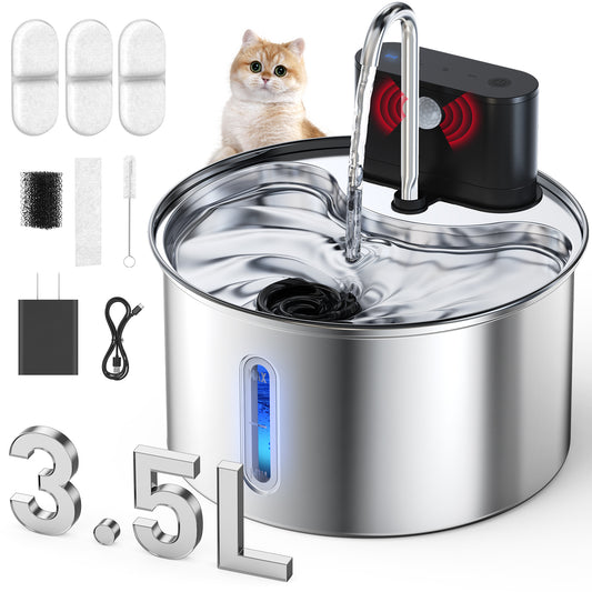 3.5L/118oz Cat Water Fountain Stainless Steel, Wireless Cat Water Fountain with 3 Modes, 5-Layer Filter, Battery Operated, Automatic Pet Water Dispenser for Cats Dogs