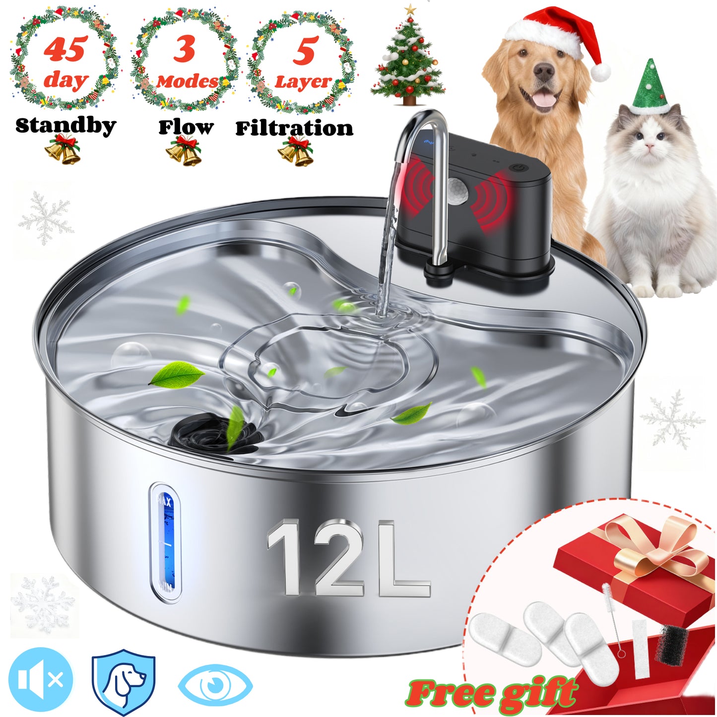 12L/406oz Dog Water Fountain Stainless Steel, Wireless Cat Water Fountain with 3 Modes, Battery Operated Automatic Pet Drinking Dispenser for Cats Dogs