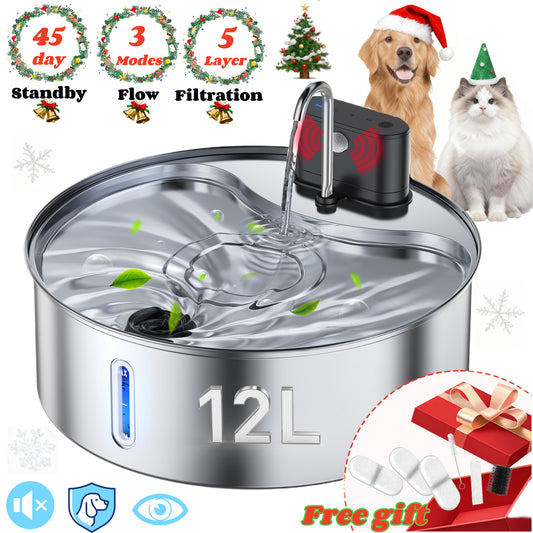 12L/406oz Dog Water Fountain Stainless Steel, Wireless Cat Water Fountain with 3 Modes, Battery Operated Automatic Pet Drinking Dispenser for Cats Dogs