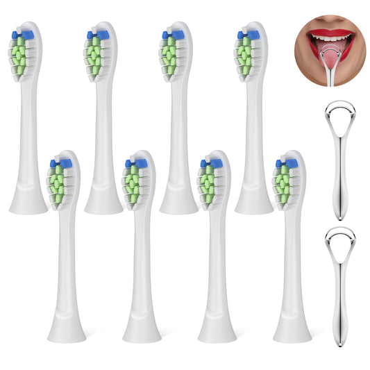 Electric Toothbrush Replacement Heads Compatible with Philips Diamond Clean,8 Pack Brush Heads + 2 Stainless Steel Tongue Scrapers for Adults