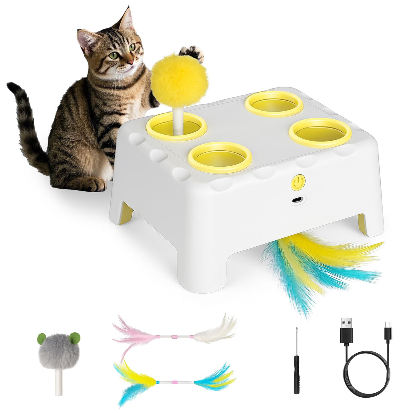 3-in-1 Interactive Cat Toy, 4 Holes Whack A Mole Cat Toys with Moving Concealed Feathers, USB Rechargeable Automatic Cat Toys for Indoor Bored Adult & Kitten Cats