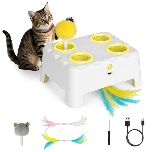 3-in-1 Interactive Cat Toy, 4 Holes Whack A Mole Cat Toys with Moving Concealed Feathers, USB Rechargeable Automatic Cat Toys for Indoor Bored Adult & Kitten Cats