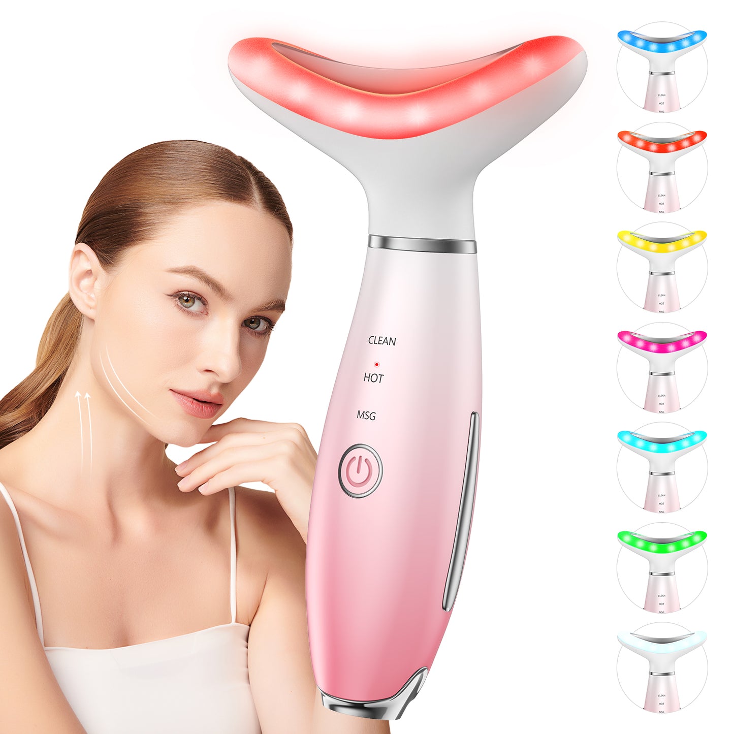 7 Color Face Neck Massager with Vibration & Heat, Portable Skin Care Massage Tool for Home Use, Gradient Pink