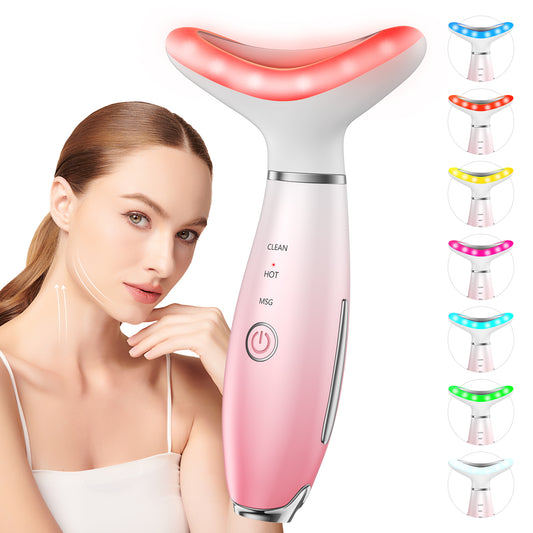 7 Color Face Neck Massager with Vibration & Heat, Portable Skin Care Massage Tool for Home Use, Gradient Pink