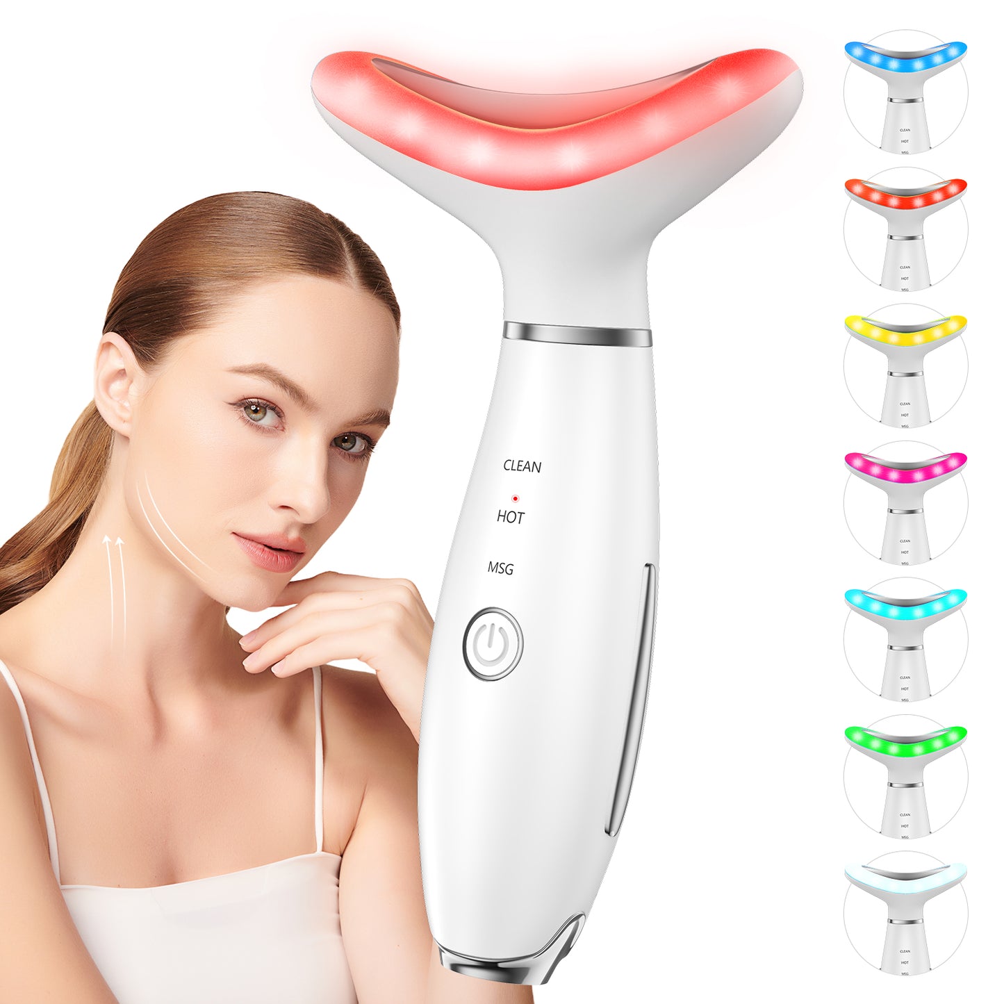 7 Color Face Neck Massager with Vibration & Heat, Portable Skin Care Massage Tool for Home Use, White