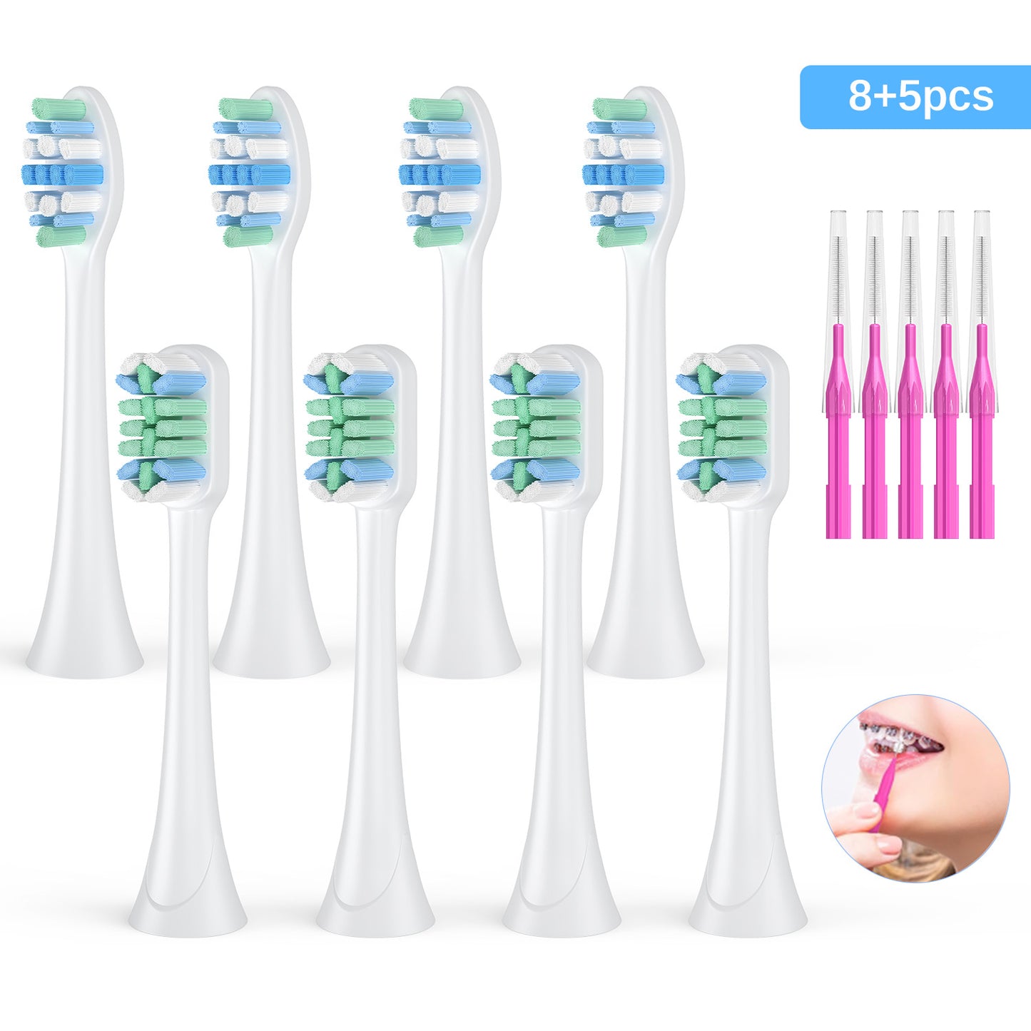 8 Pack Electric Toothbrush Replacement Heads Compatible with Snap-on Handles,2 Types Brush Heads, with 8 toothbrush protection cases+ 5 Interdental Brushes