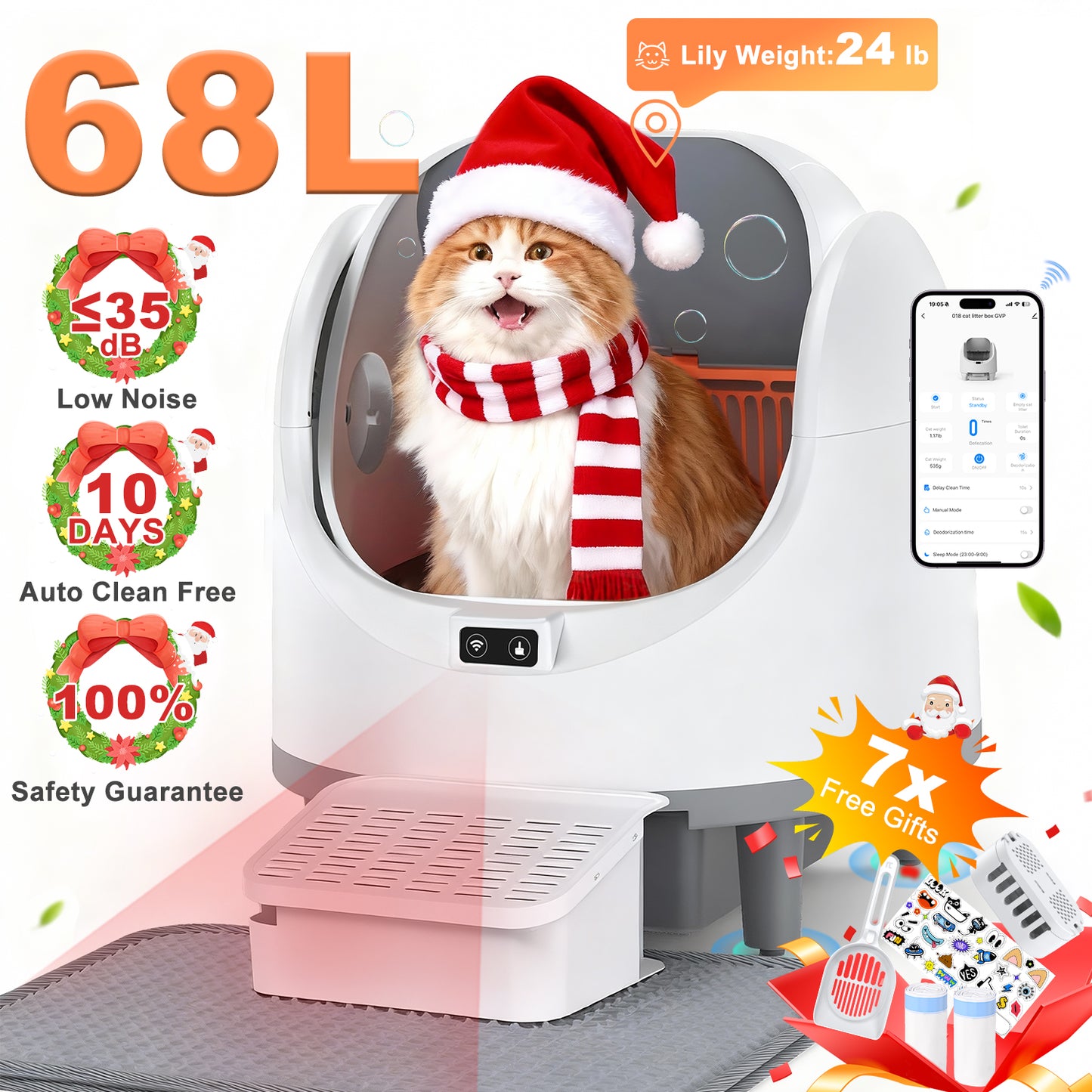 Automatic Cat Litter Box, 68L Open-Top Litter Box for Multi Cats, APP Control, Weight Monitoring, Safety Sensor, with 8L Waste Bin, Includes Trash Bag