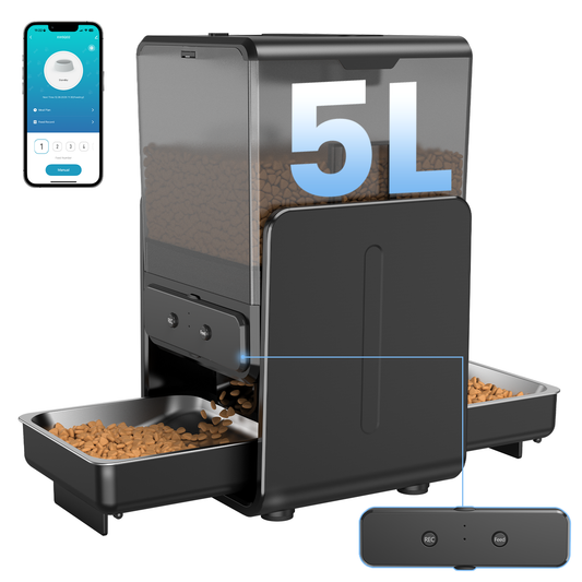 Automatic Cat Feeder with 5G Wi-Fi & APP Control, Adjustable Height, Voice Call, 5L/20 Cups Elevated Timed Cat Food Dispenser with Dual Bowls, Pet Feeder for 2 Cats/2 Small Dogs