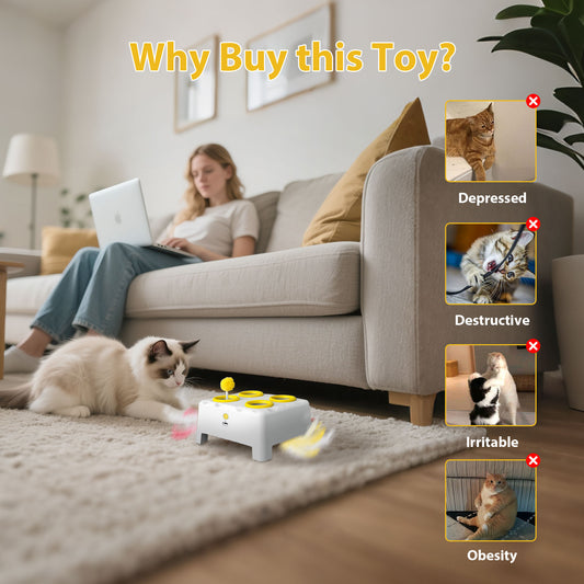 3-in-1 Interactive Cat Toy, 4 Holes Whack A Mole Cat Toys with Moving Concealed Feathers, USB Rechargeable Automatic Cat Toys for Indoor Bored Adult & Kitten Cats