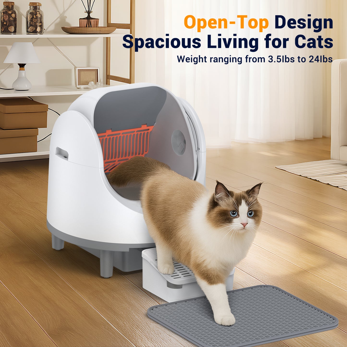 Automatic Cat Litter Box Self Cleaning,68L Open-Top Litter Box for Multi Cats, APP Control,Weight Monitoring,Safety Sensor,8L Waste Bin, Cat Litter Mat