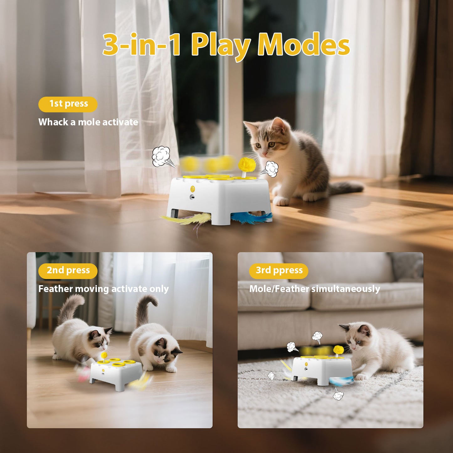 3-in-1 Interactive Cat Toy, 4 Holes Whack A Mole Cat Toys with Moving Concealed Feathers, USB Rechargeable Automatic Cat Toys for Indoor Bored Adult & Kitten Cats