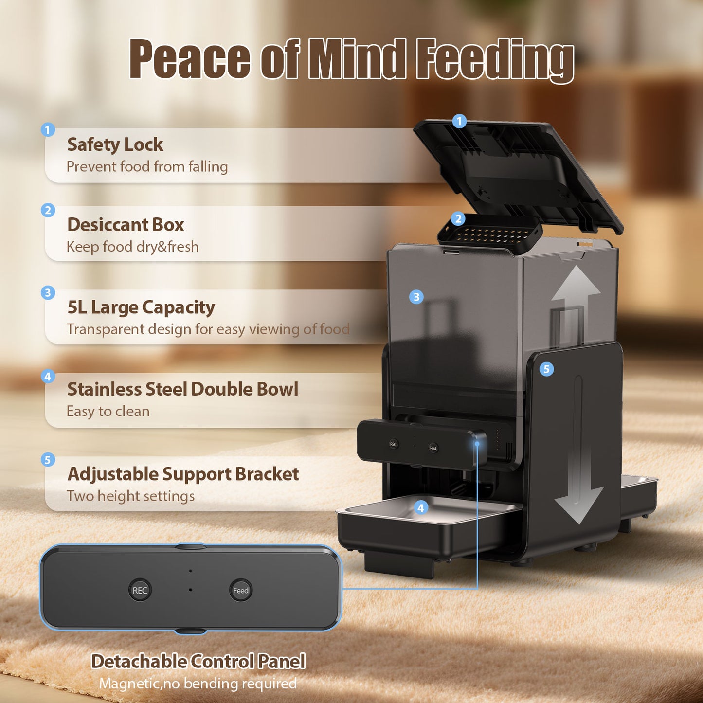 Automatic Cat Feeder with 5G Wi-Fi & APP Control, Adjustable Height, Voice Call, 5L/20 Cups Elevated Timed Cat Food Dispenser with Dual Bowls, Pet Feeder for 2 Cats/2 Small Dogs