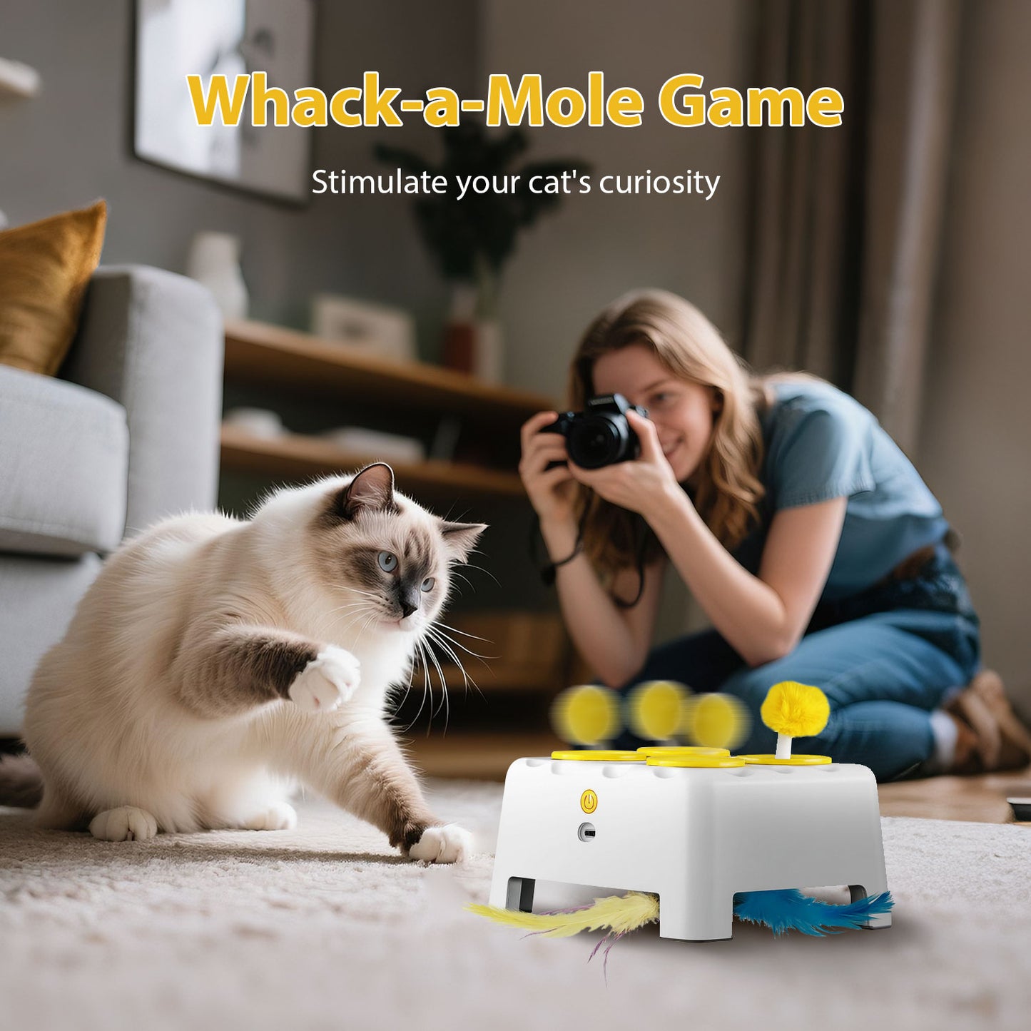 3-in-1 Interactive Cat Toy, 4 Holes Whack A Mole Cat Toys with Moving Concealed Feathers, USB Rechargeable Automatic Cat Toys for Indoor Bored Adult & Kitten Cats