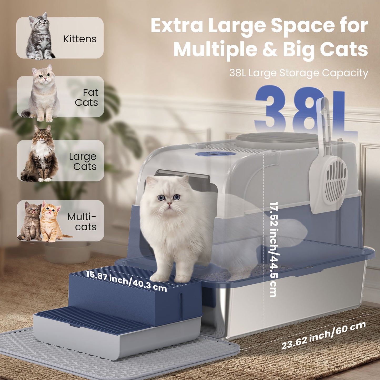 Stainless Steel Cat Litter Box with Lid, Extra Large Enclosed Litter Box for Cats, Front and Top Entry Design