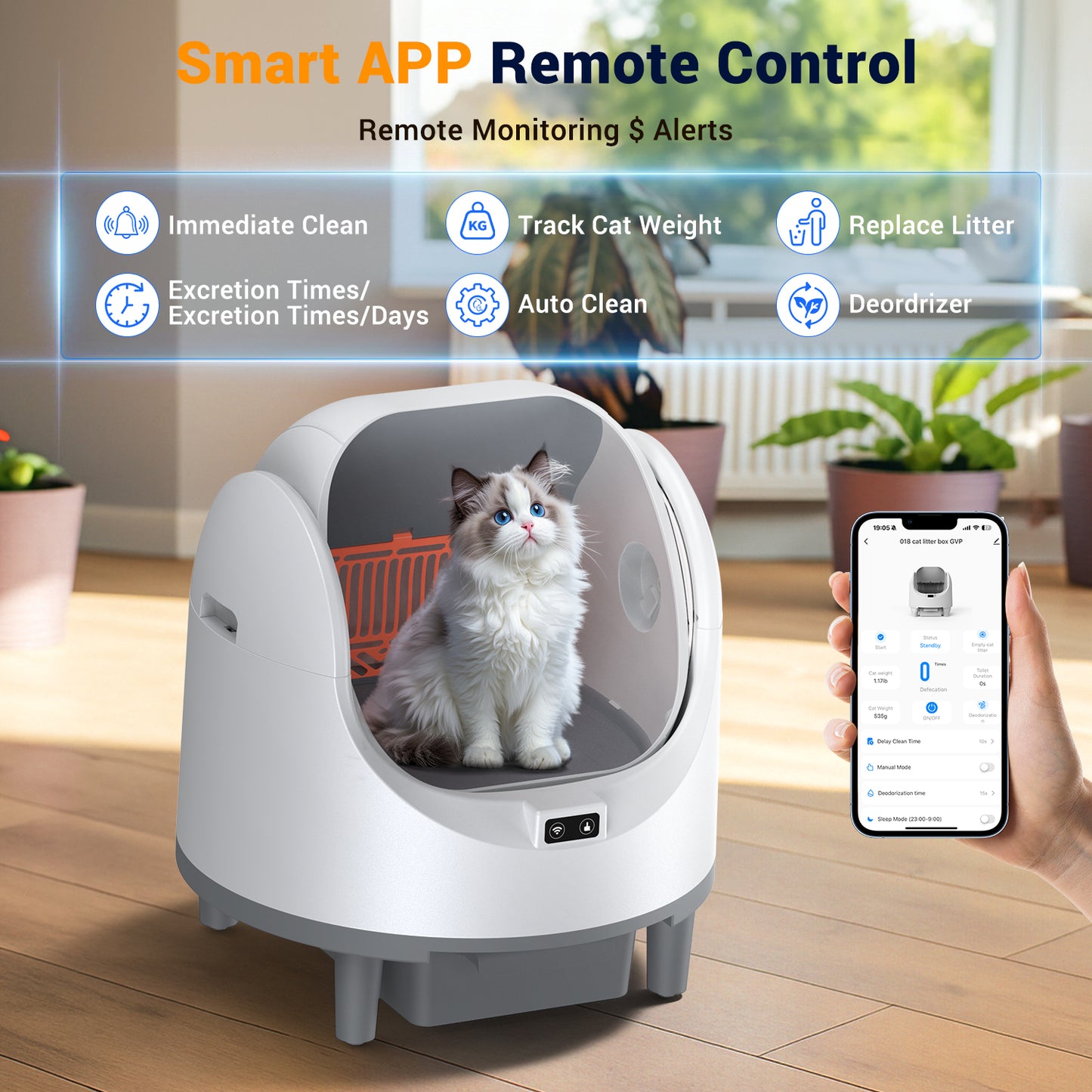 Automatic Cat Litter Box Self Cleaning,68L Open-Top Litter Box for Multi Cats, APP Control,Weight Monitoring,Safety Sensor,8L Waste Bin, Cat Litter Mat
