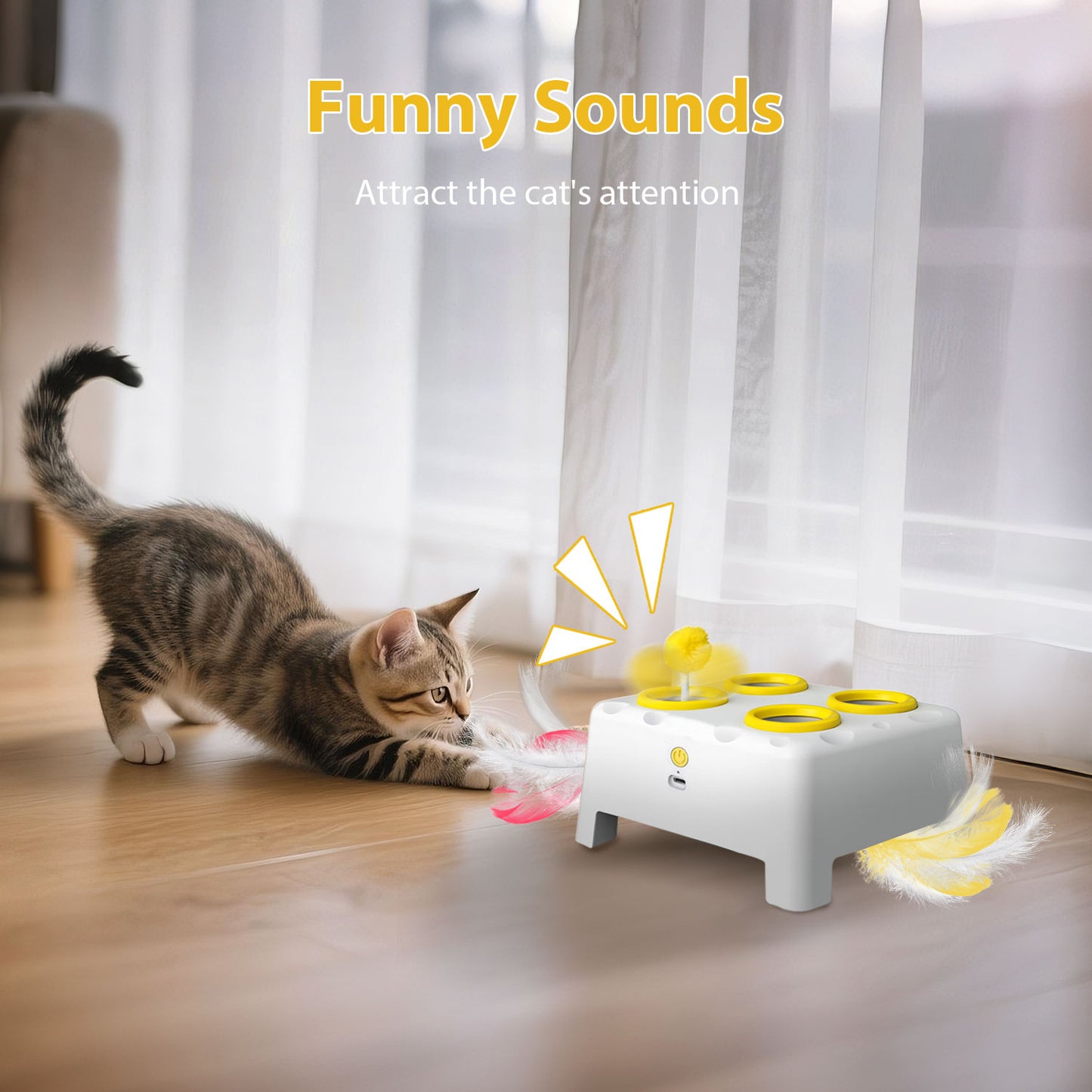 3-in-1 Interactive Cat Toy, 4 Holes Whack A Mole Cat Toys with Moving Concealed Feathers, USB Rechargeable Automatic Cat Toys for Indoor Bored Adult & Kitten Cats