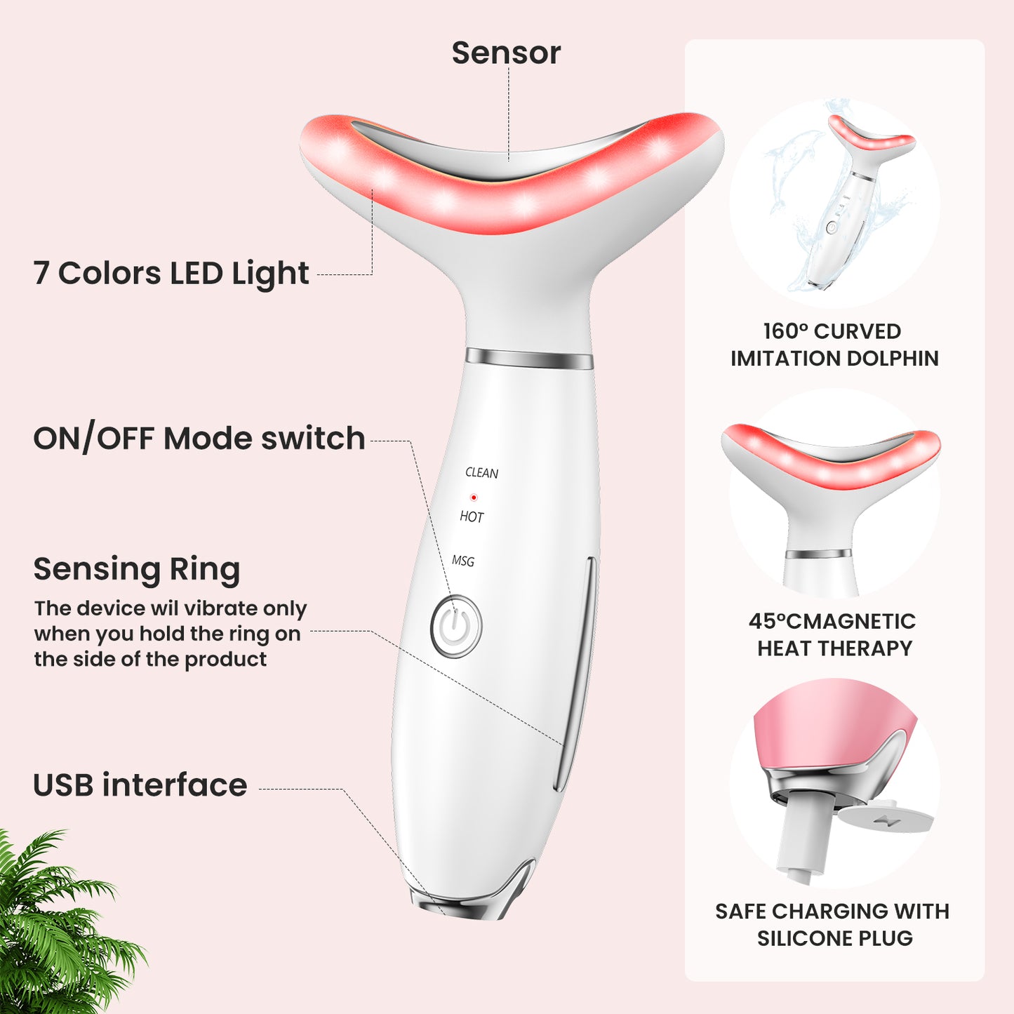 7 Color Face Neck Massager with Vibration & Heat, Portable Skin Care Massage Tool for Home Use, White