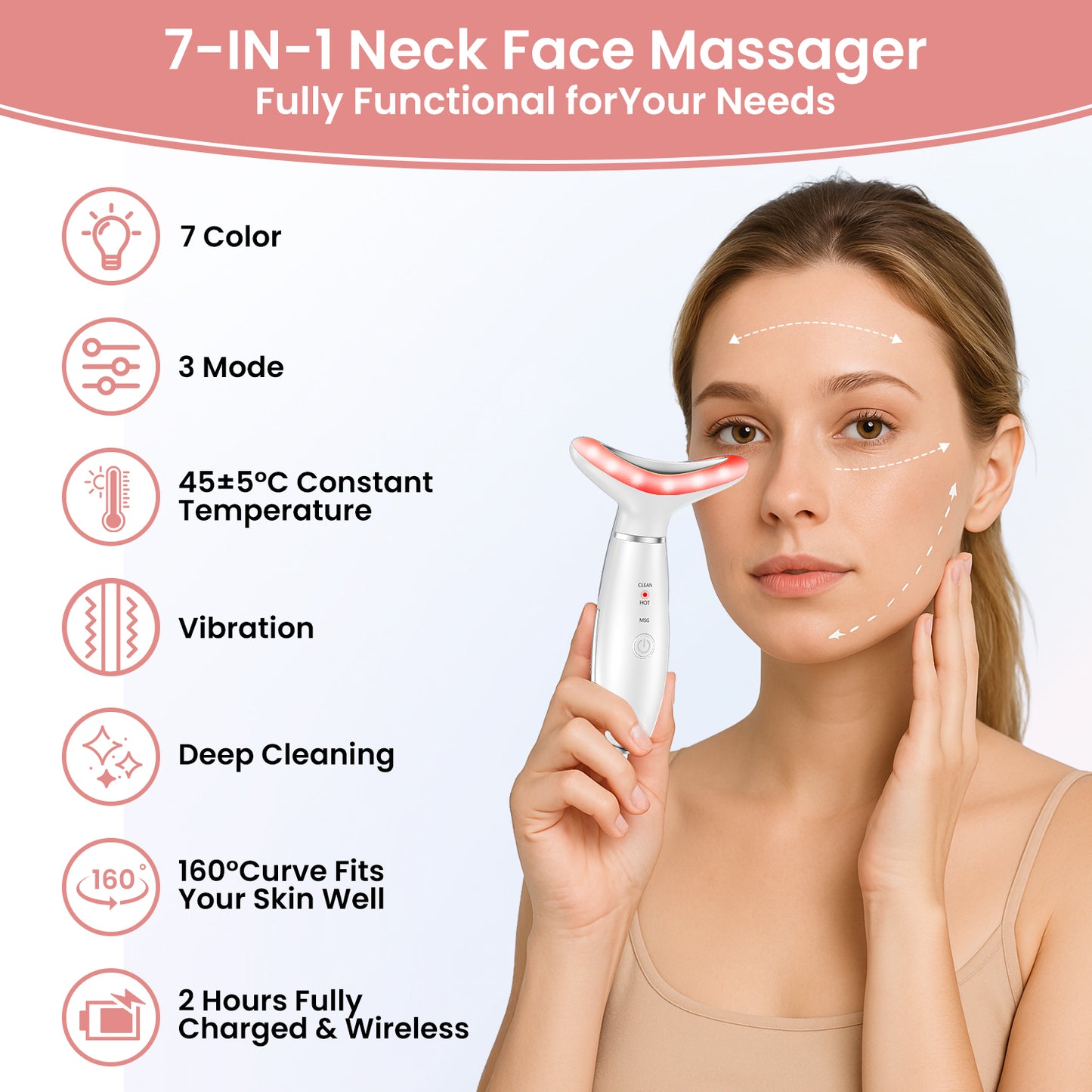 7 Color Face Neck Massager with Vibration & Heat, Portable Skin Care Massage Tool for Home Use, White