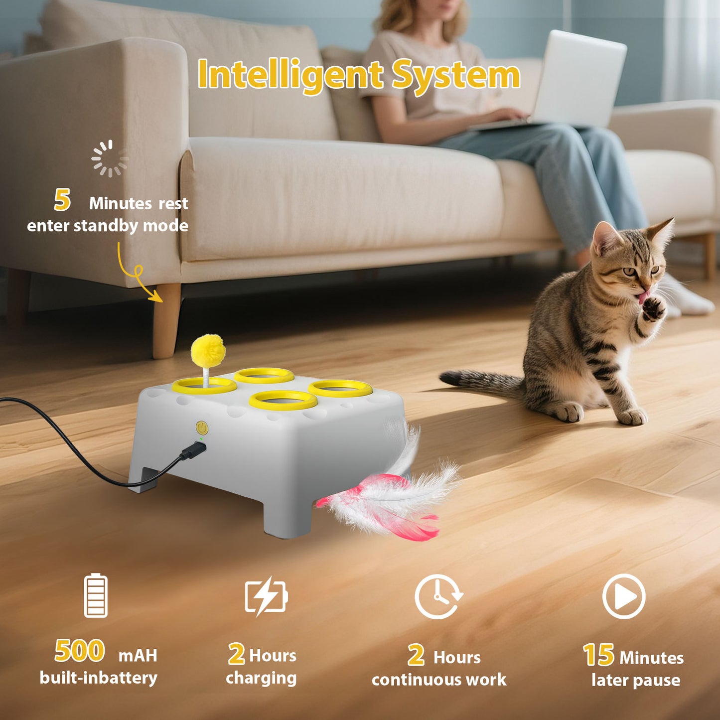 3-in-1 Interactive Cat Toy, 4 Holes Whack A Mole Cat Toys with Moving Concealed Feathers, USB Rechargeable Automatic Cat Toys for Indoor Bored Adult & Kitten Cats