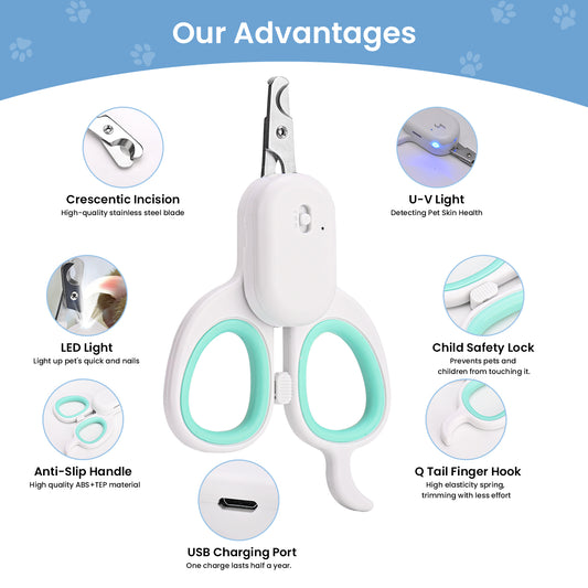 Cat Nail Clipper with LED Light, Pet Claw Trimmer for Safe Grooming, Non-Slip Handle for Cats Dogs Small Animals