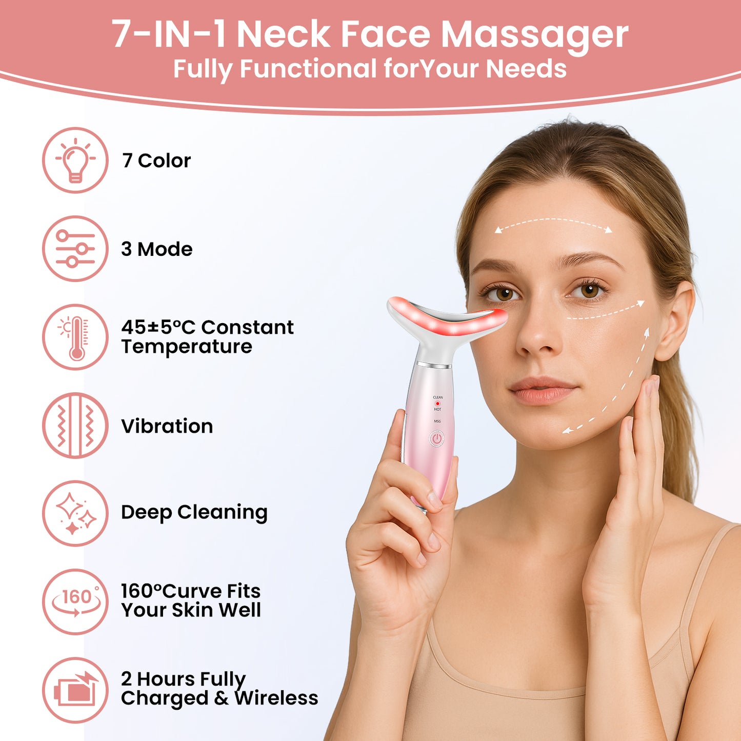 7 Color Face Neck Massager with Vibration & Heat, Portable Skin Care Massage Tool for Home Use, Gradient Pink