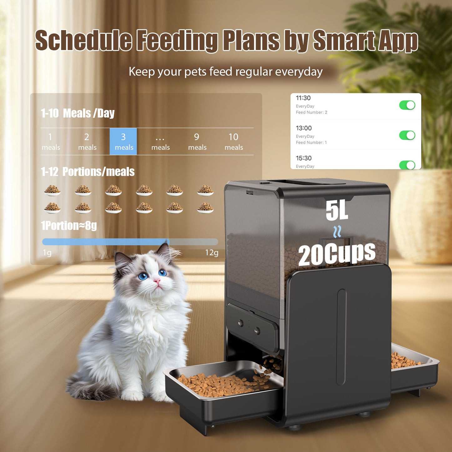Automatic Cat Feeder with 5G Wi-Fi & APP Control, Adjustable Height, Voice Call, 5L/20 Cups Elevated Timed Cat Food Dispenser with Dual Bowls, Pet Feeder for 2 Cats/2 Small Dogs