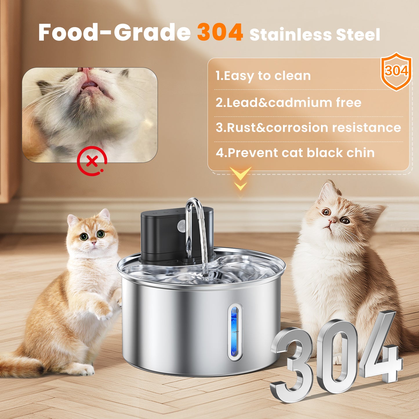 3.5L/118oz Cat Water Fountain Stainless Steel, Wireless Cat Water Fountain with 3 Modes, 5-Layer Filter, Battery Operated, Automatic Pet Water Dispenser for Cats Dogs