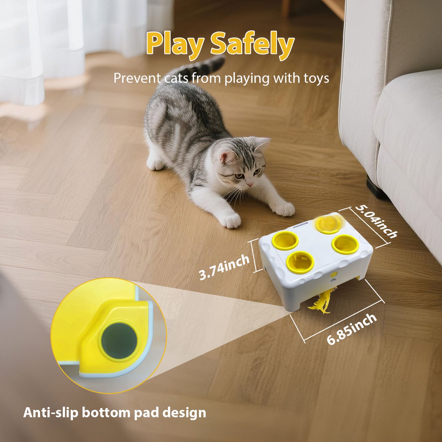3-in-1 Interactive Cat Toy, 4 Holes Whack A Mole Cat Toys with Moving Concealed Feathers, USB Rechargeable Automatic Cat Toys for Indoor Bored Adult & Kitten Cats