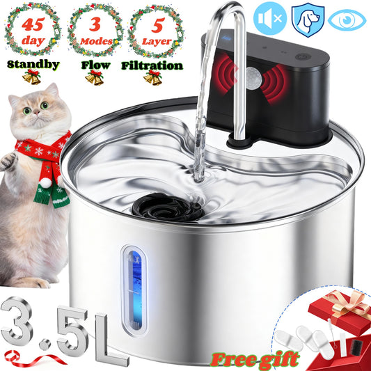 3.5L/118oz Cat Water Fountain Stainless Steel, Wireless Cat Water Fountain with 3 Modes, Battery Operated, Automatic Pet Water Dispenser for Dogs