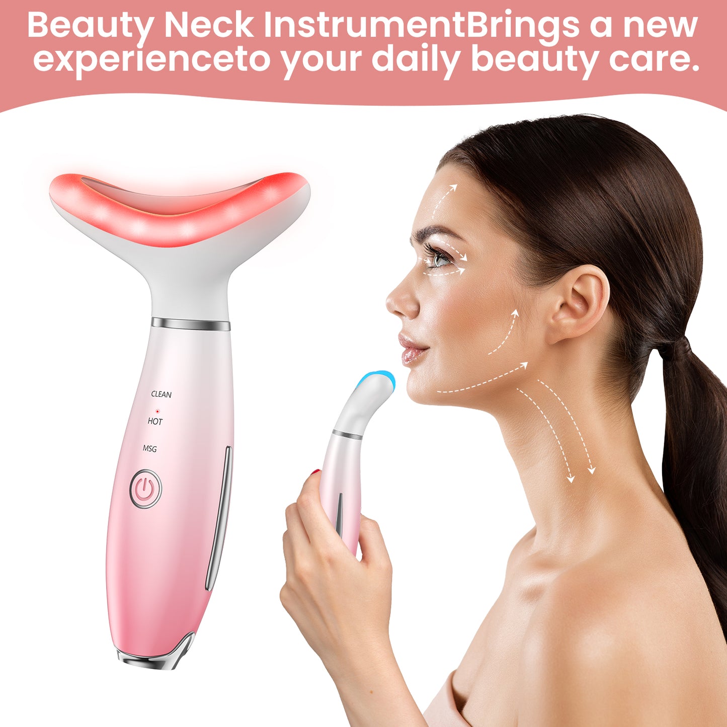 7 Color Face Neck Massager with Vibration & Heat, Portable Skin Care Massage Tool for Home Use, Gradient Pink