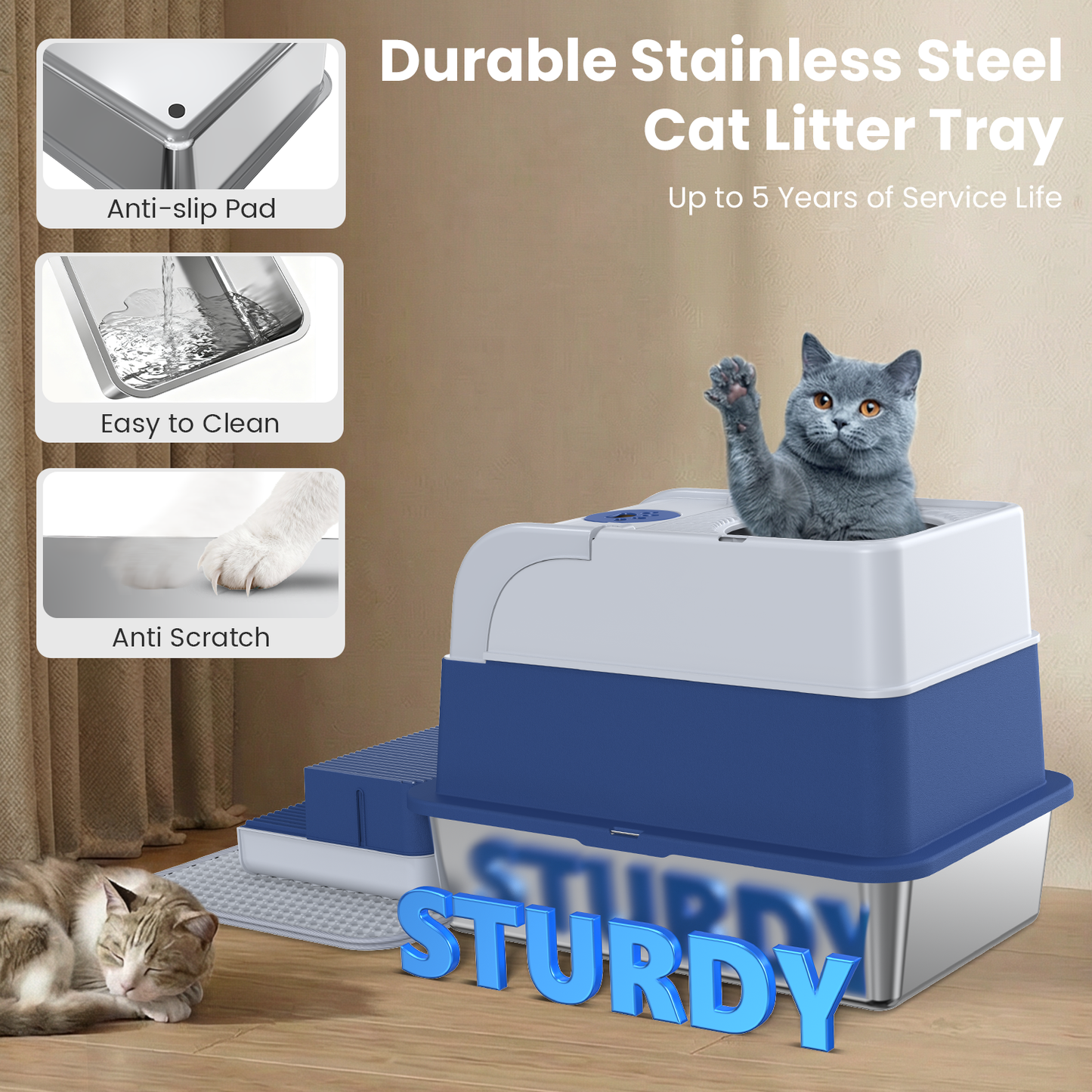 Stainless Steel Cat Litter Box with Lid, Extra Large Enclosed Litter Box for Cats, Front and Top Entry Design