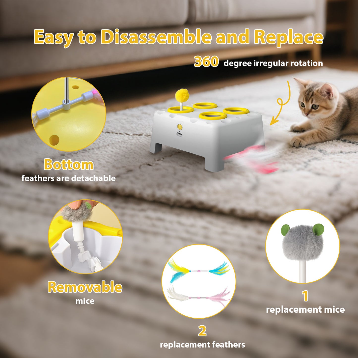 3-in-1 Interactive Cat Toy, 4 Holes Whack A Mole Cat Toys with Moving Concealed Feathers, USB Rechargeable Automatic Cat Toys for Indoor Bored Adult & Kitten Cats