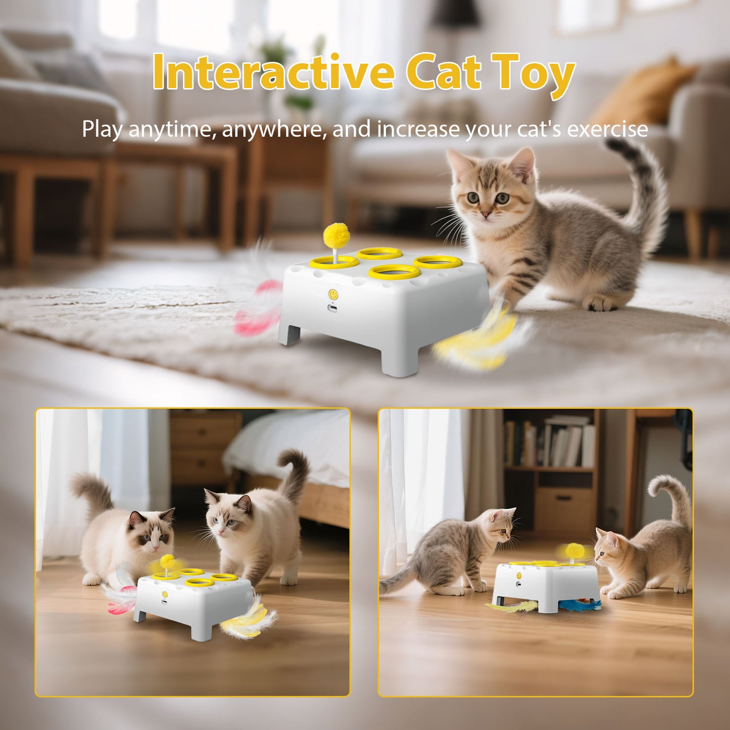 3-in-1 Interactive Cat Toy, 4 Holes Whack A Mole Cat Toys with Moving Concealed Feathers, USB Rechargeable Automatic Cat Toys for Indoor Bored Adult & Kitten Cats