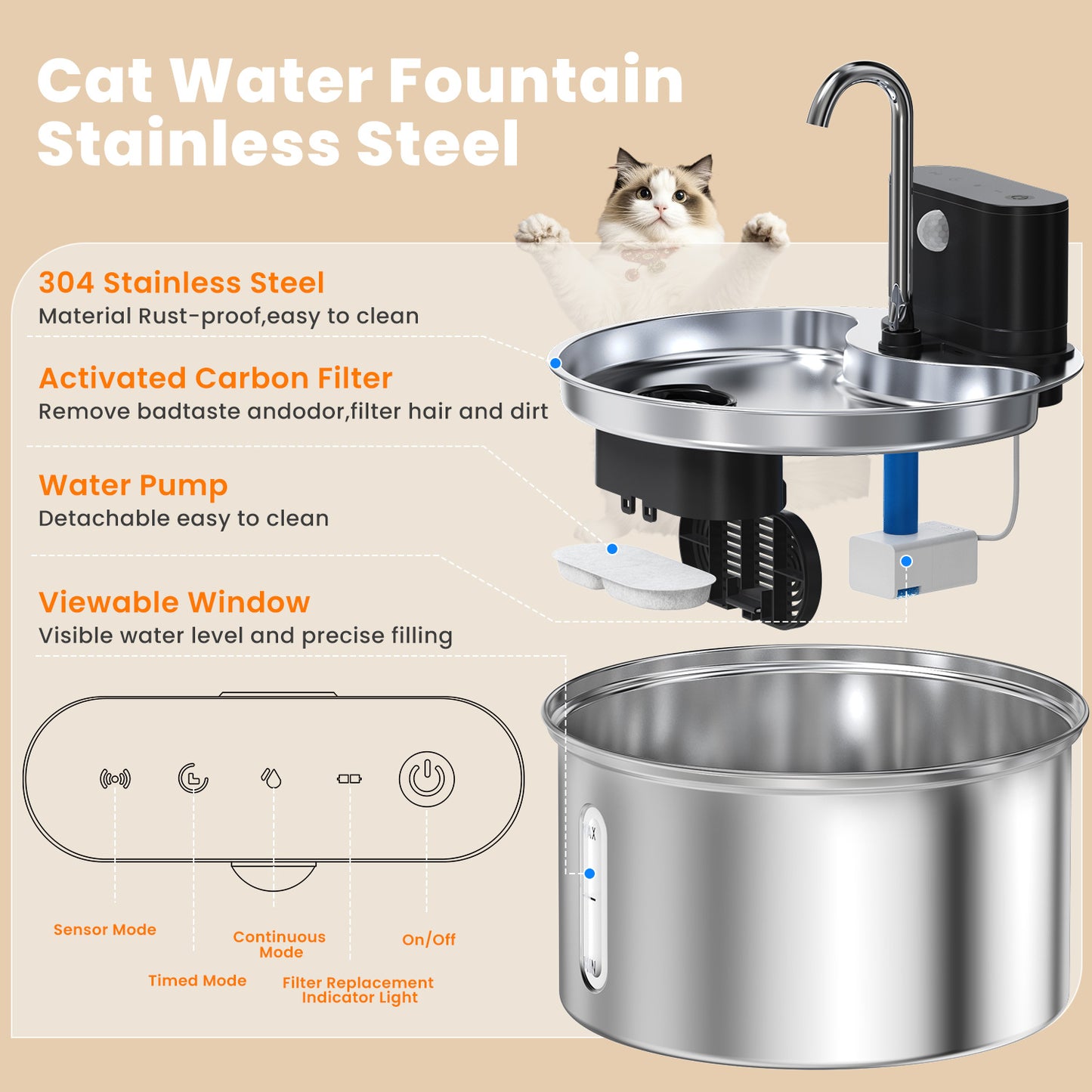 3.5L/118oz Cat Water Fountain Stainless Steel, Wireless Cat Water Fountain with 3 Modes, 5-Layer Filter, Battery Operated, Automatic Pet Water Dispenser for Cats Dogs
