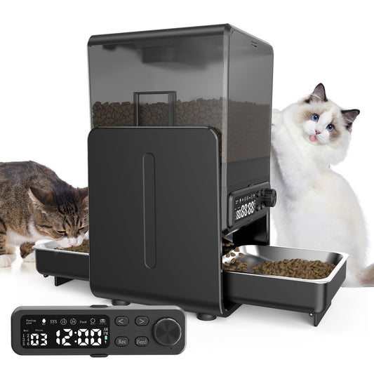 Automatic Cat Feeder, Pet Feeder for 2 Cats/2 Small Dogs,5L/20 Cups, 6 Meal/Day Elevated Timed Dog Food Dispenser with Dual Bowls ,Voice Call