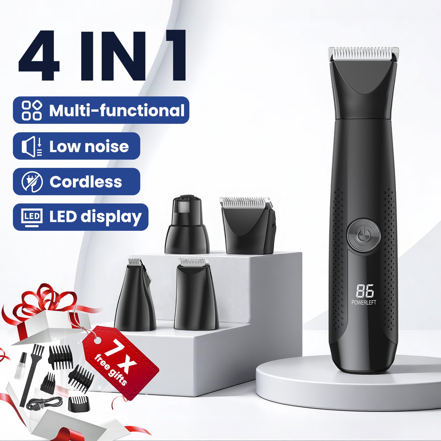 Dog Clippers with LED Display, Cordless 4-in-1 Pet Grooming Tool for Dogs Cats, Low-Noise Hair Trimmer with Nail Grinder Attachment, Rechargeable